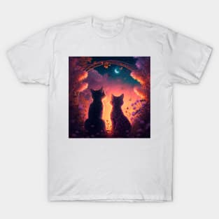 Adorable Two Cats Looking At Sunset T-Shirt